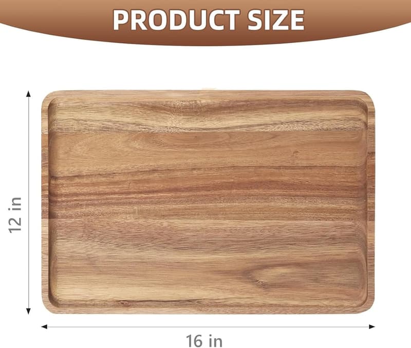 Large Acacia Wood Serving Trays - 16 x 12 in, Set of 2