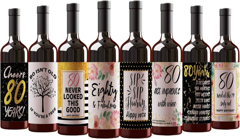 80th Birthday Wine Bottle Labels - Set of 8 Milestone Stickers
