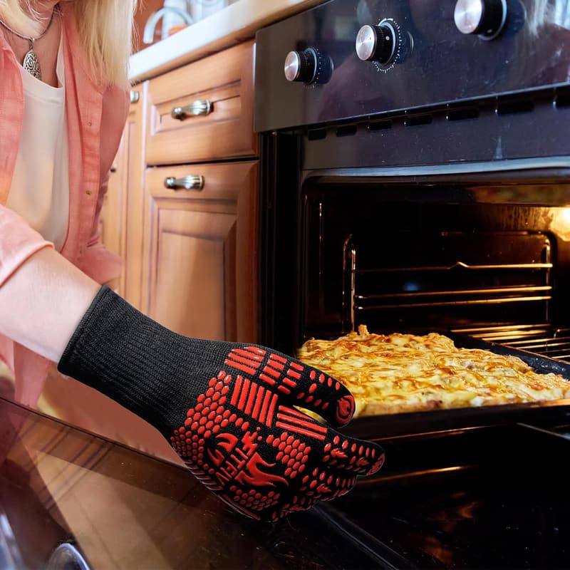 Extreme Heat Resistant BBQ & Oven Gloves – Silicone, Non-Slip (Red)