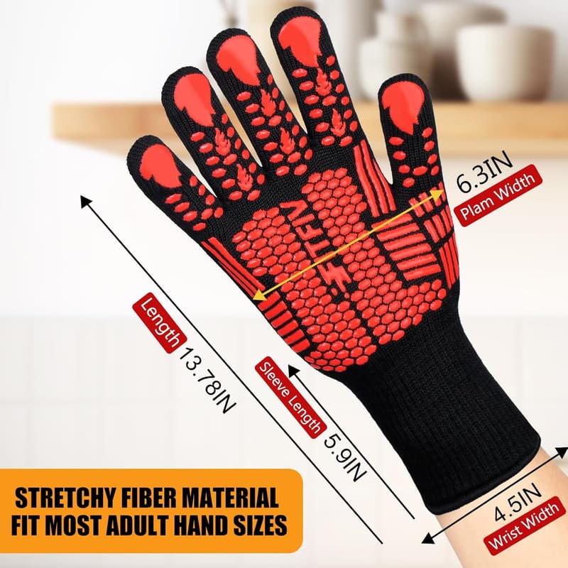 Extreme Heat Resistant BBQ & Oven Gloves – Silicone, Non-Slip (Red)