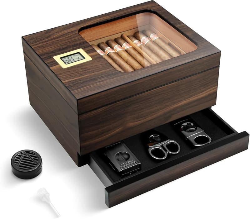 Modern Cedar Cigar Humidor with Glass Top and Digital Hygrometer