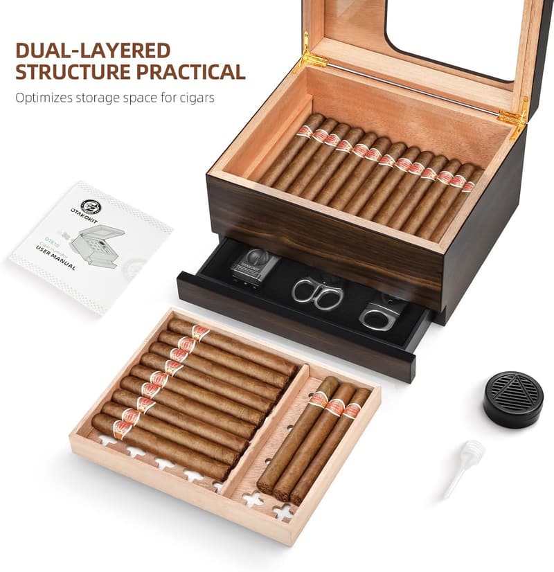Modern Cedar Cigar Humidor with Glass Top and Digital Hygrometer