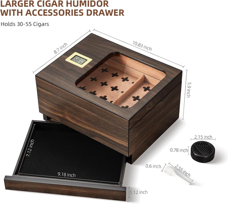 Modern Cedar Cigar Humidor with Glass Top and Digital Hygrometer