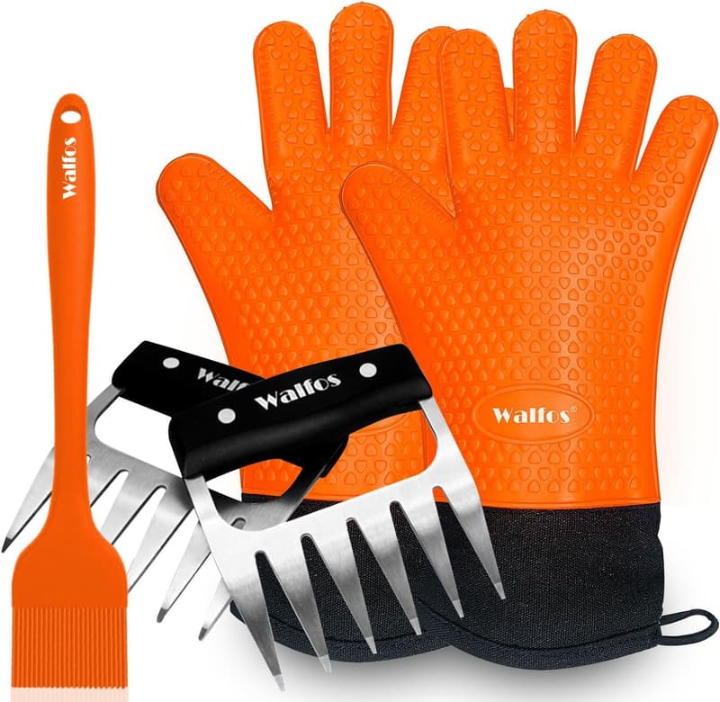 Heat Resistant Silicone BBQ Gloves Set with Claws & Brush