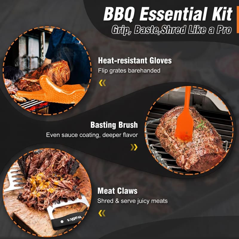 Heat Resistant Silicone BBQ Gloves Set with Claws & Brush