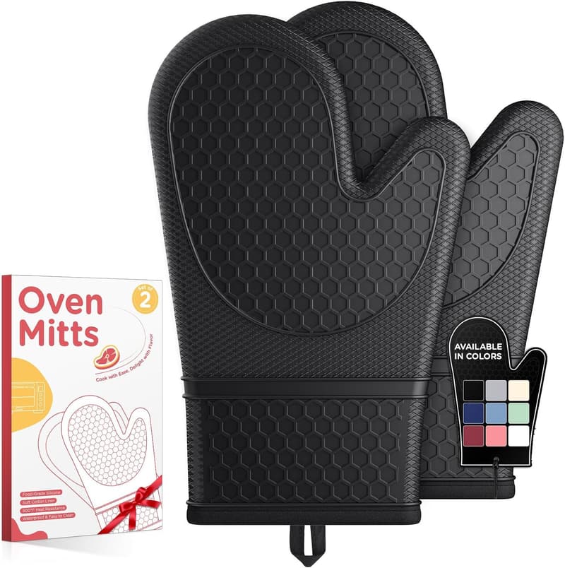 Heat Resistant Silicone Oven Mitts Set of 2 - Non-Slip Kitchen Essentials