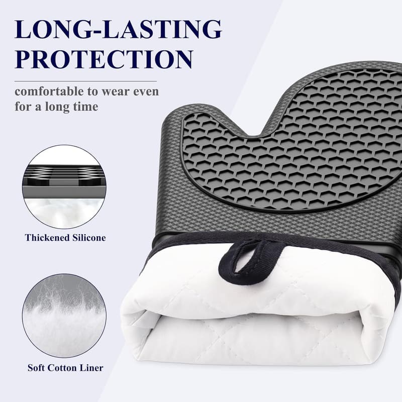 Heat Resistant Silicone Oven Mitts Set of 2 - Non-Slip Kitchen Essentials