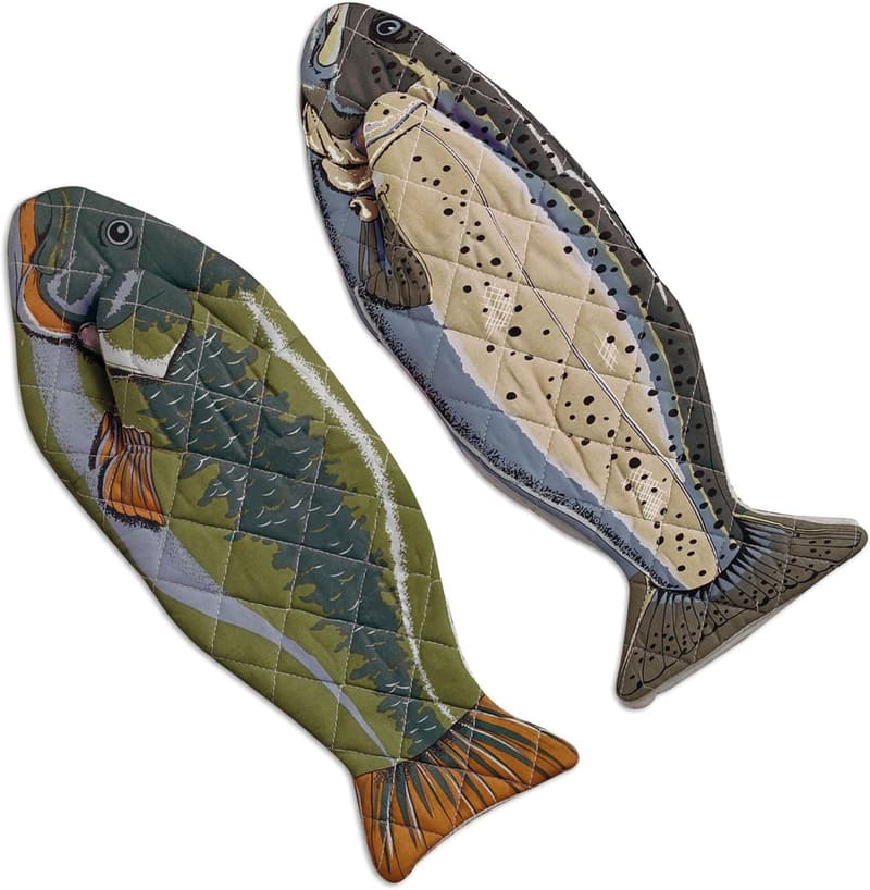 Lake House Fish Oven Mitts Set - Cotton, Machine Washable, Heat Resistant