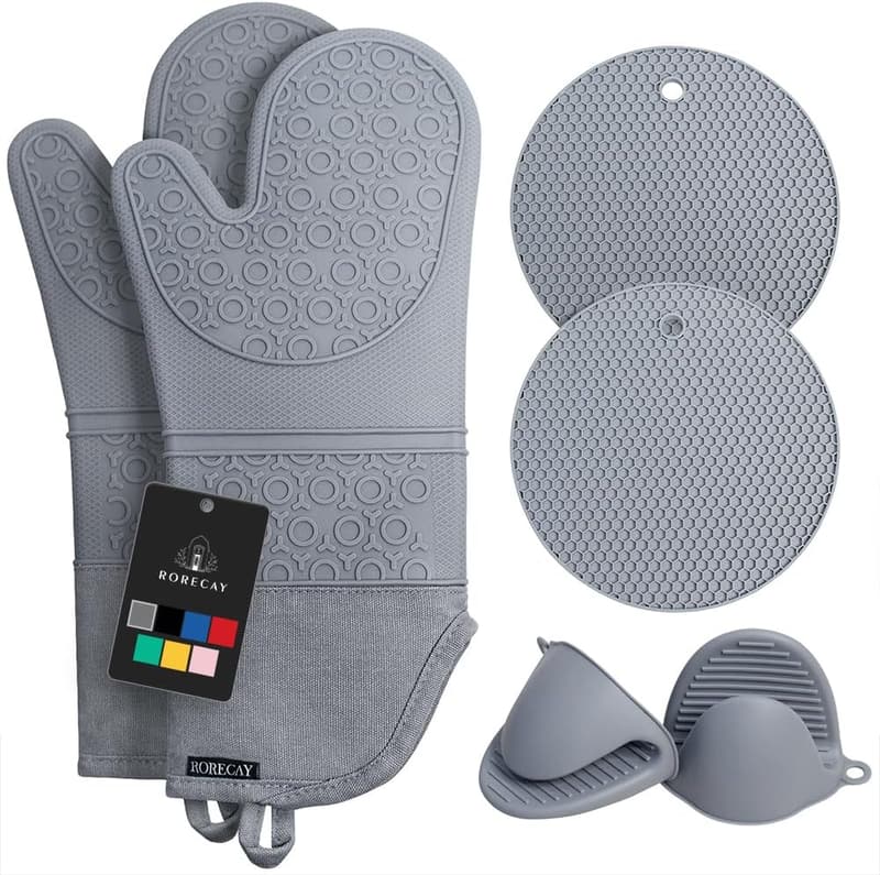 Extra Long Silicone Oven Mitts & Pot Holders Set - Grey