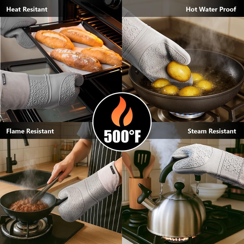 Extra Long Silicone Oven Mitts & Pot Holders Set - Grey