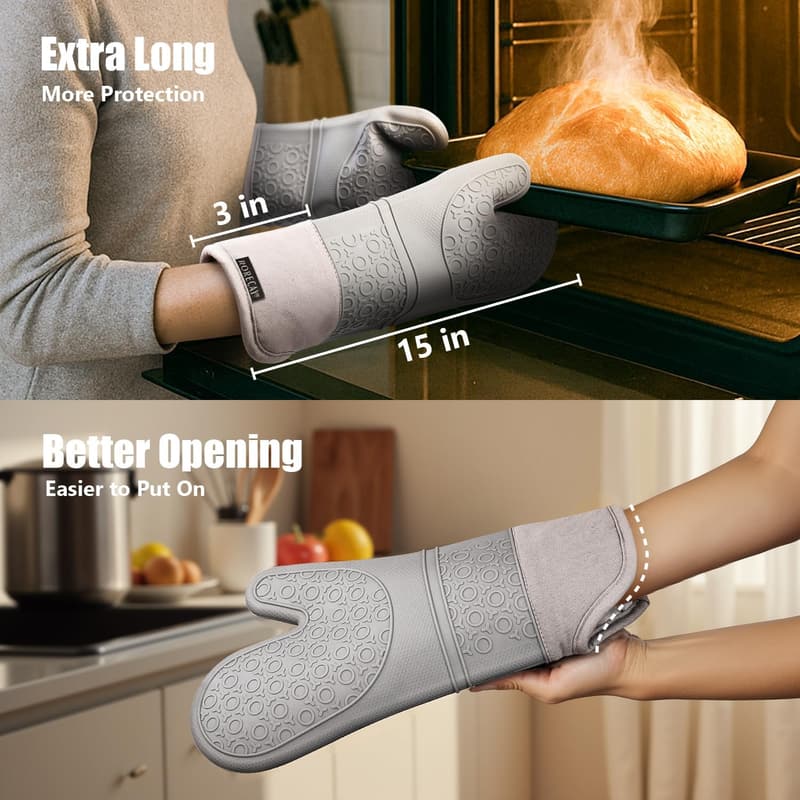 Extra Long Silicone Oven Mitts & Pot Holders Set - Grey