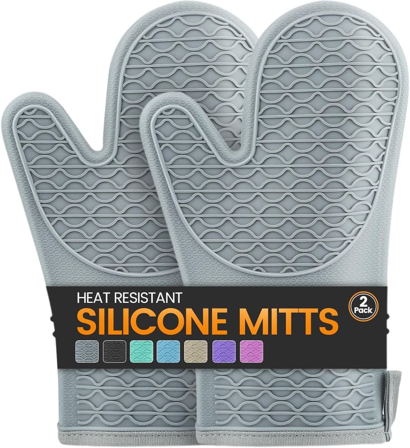 Heat Resistant Silicone Oven Mitts with Cotton Lining - Grey