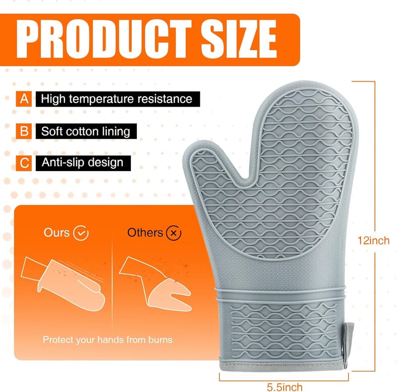 Heat Resistant Silicone Oven Mitts with Cotton Lining - Grey