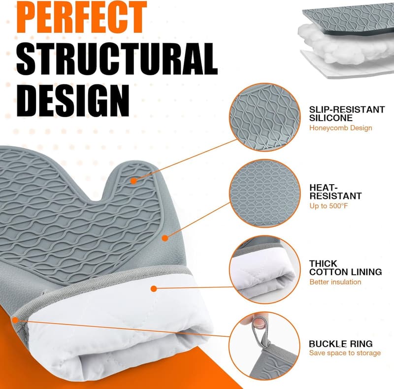 Heat Resistant Silicone Oven Mitts with Cotton Lining - Grey
