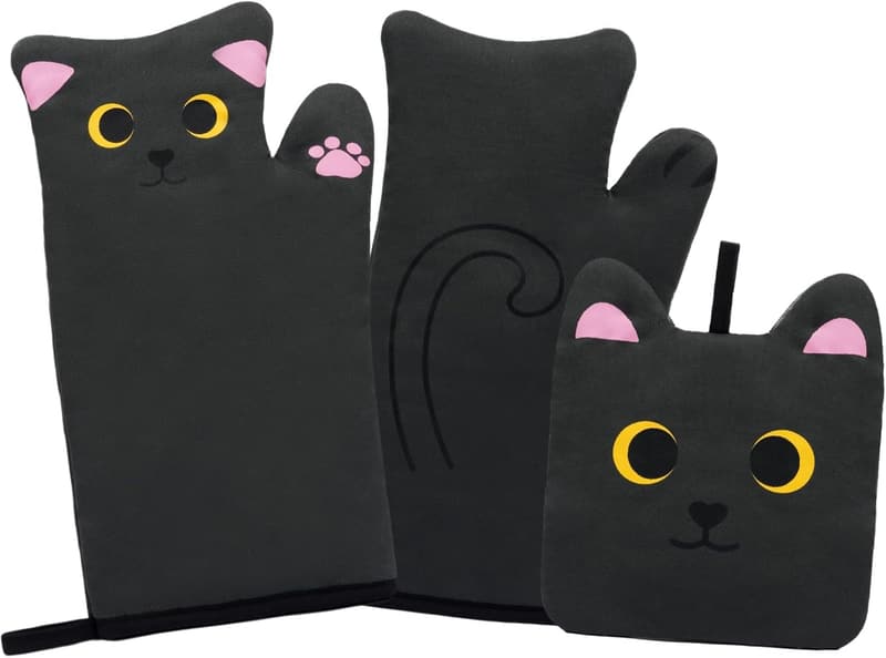Cute Cat Design Oven Mitts Set for Baking and Gifts for Mom