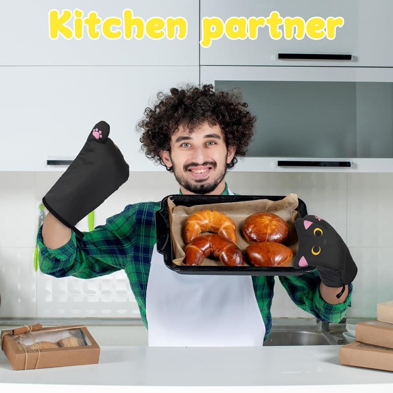 Cute Cat Design Oven Mitts Set for Baking and Gifts for Mom