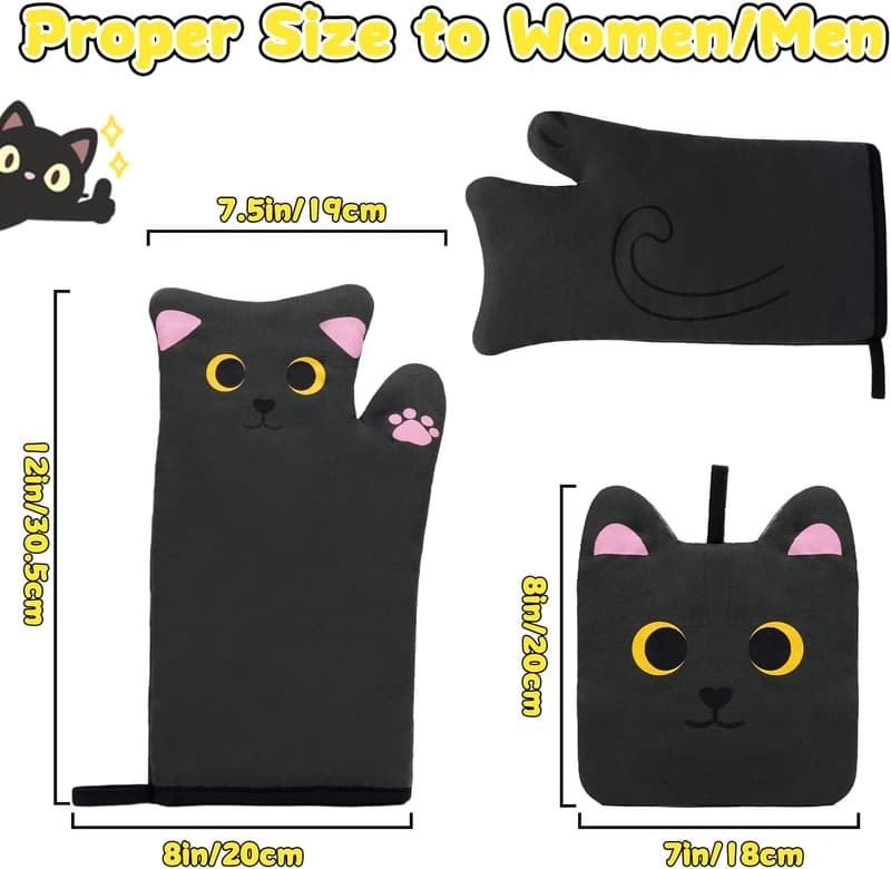 Cute Cat Design Oven Mitts Set for Baking and Gifts for Mom