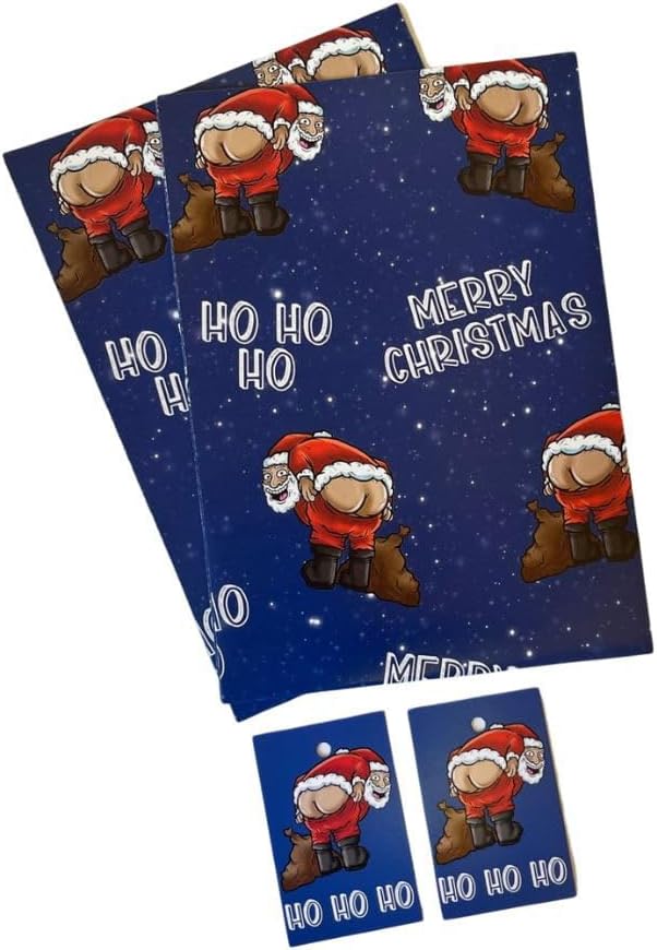 Funny Rude Santa Wrapping Paper Sheets with Gift Tags (2 Pack)