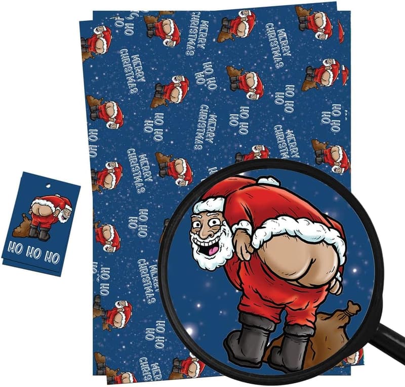 Funny Rude Santa Wrapping Paper Sheets with Gift Tags (2 Pack)