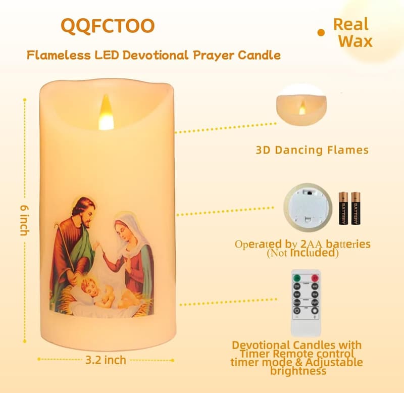 Flameless LED Prayer Candle with Remote Timer for Devotion