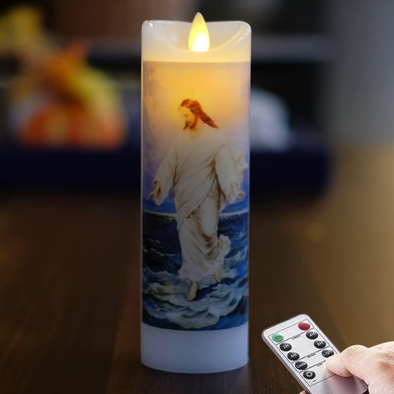 Jesus Flameless Prayer Candle with Remote Timer, Real Wax