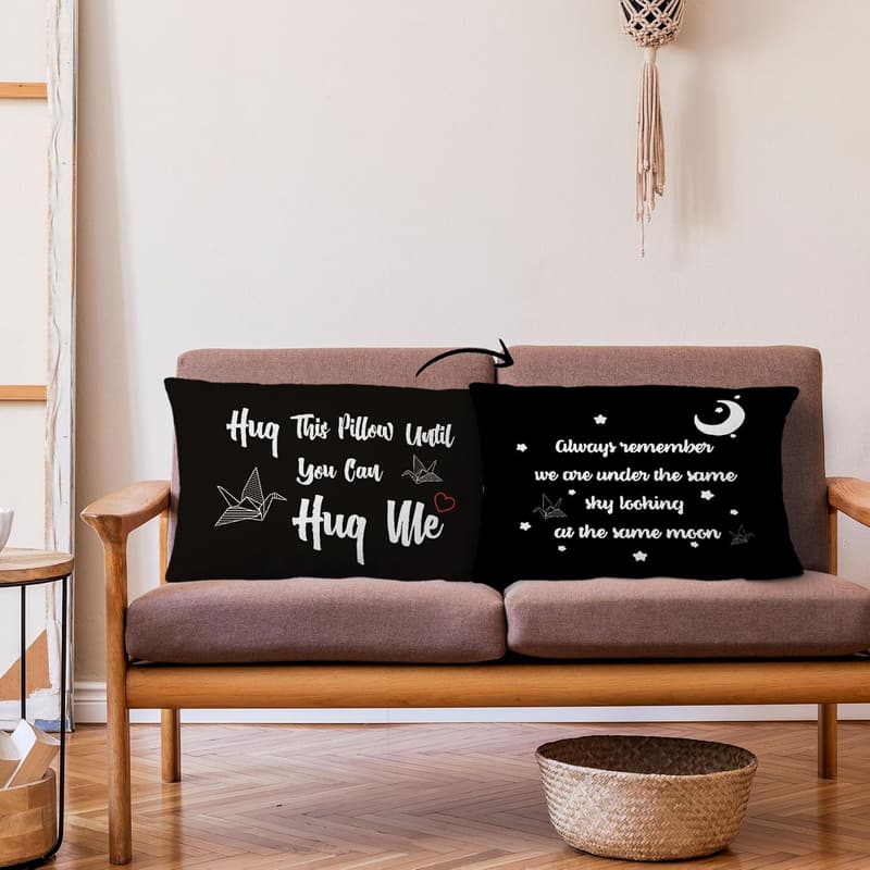 Reversible Throw Pillow Case for Long Distance Couples – 12x20 inch