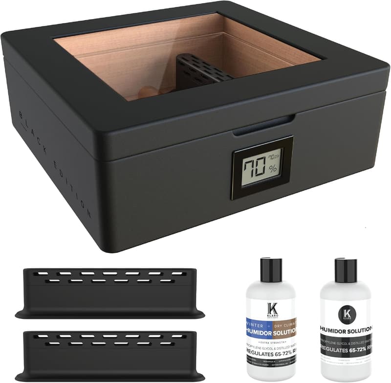 Matte Black Cigar Humidor with Glass Top & Digital Hygrometer