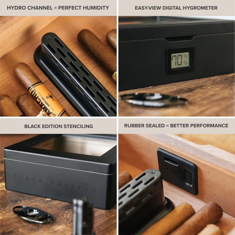 Matte Black Cigar Humidor with Glass Top & Digital Hygrometer