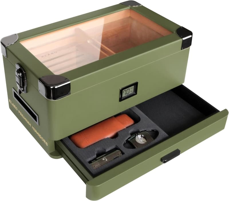Matte Green Military Humidor with Digital Hygrometer - Holds 70-100 Cigars