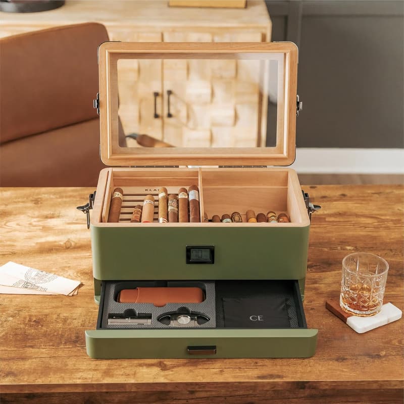 Matte Green Military Humidor with Digital Hygrometer - Holds 70-100 Cigars