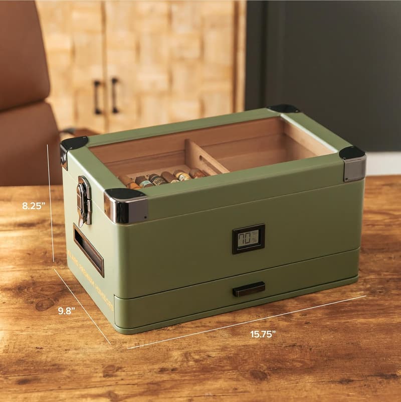 Matte Green Military Humidor with Digital Hygrometer - Holds 70-100 Cigars