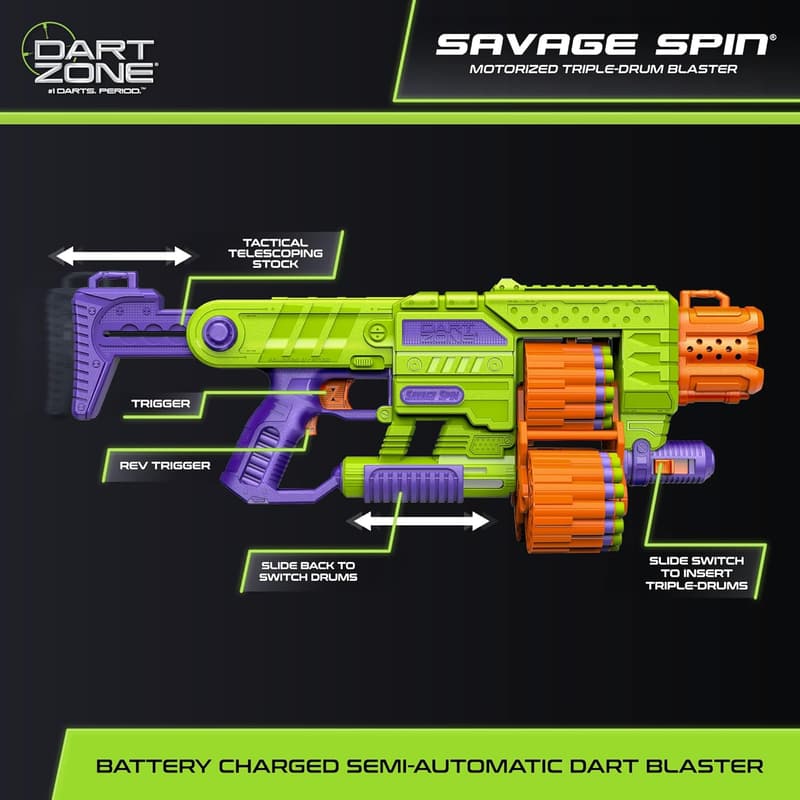 DART ZONE Savage Spin Semi-Auto Foam Dart Blaster for Kids