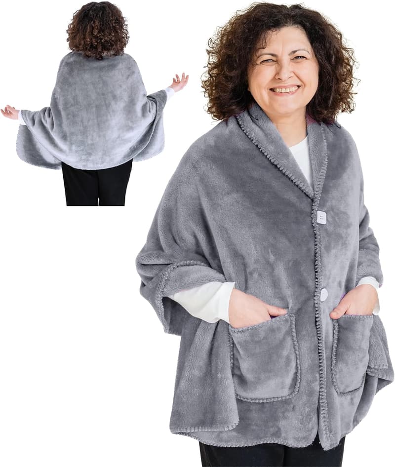 Lightweight Fleece Poncho Blanket - Warm Wearable Wrap for Mom