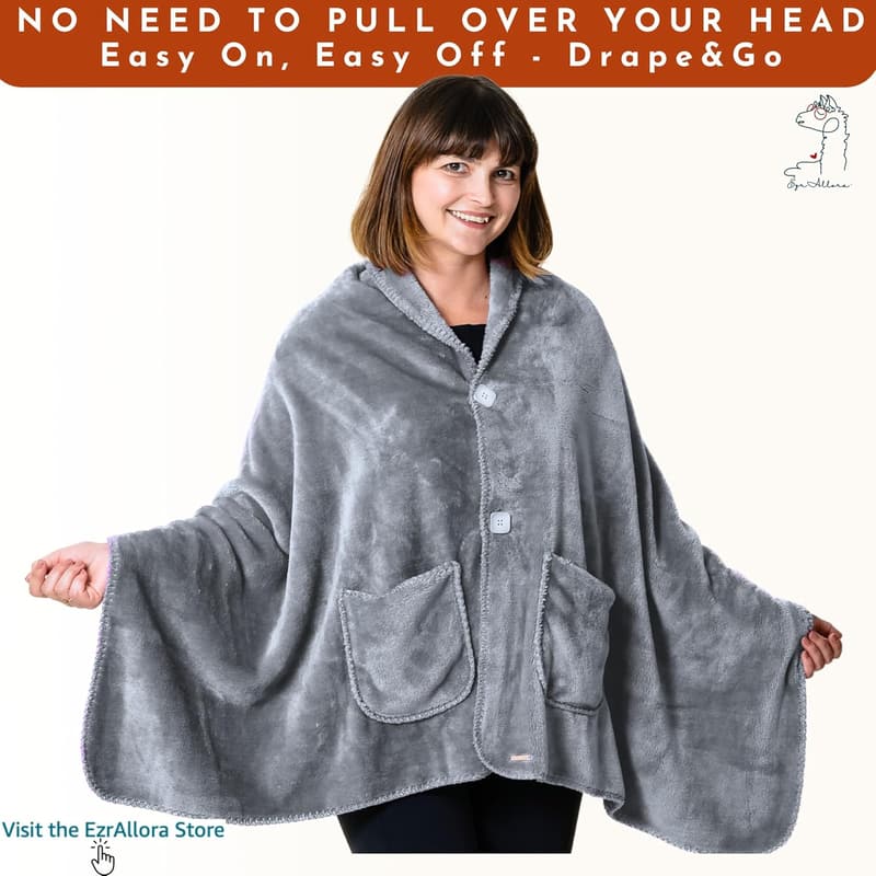 Lightweight Fleece Poncho Blanket - Warm Wearable Wrap for Mom