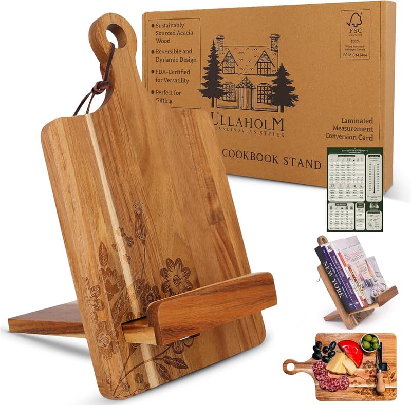 Reversible Wooden Cookbook Stand with Measurement Conversion Card