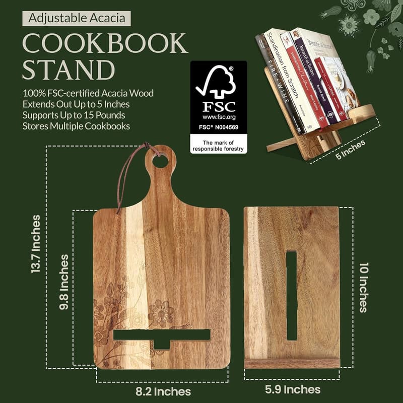 Reversible Wooden Cookbook Stand with Measurement Conversion Card
