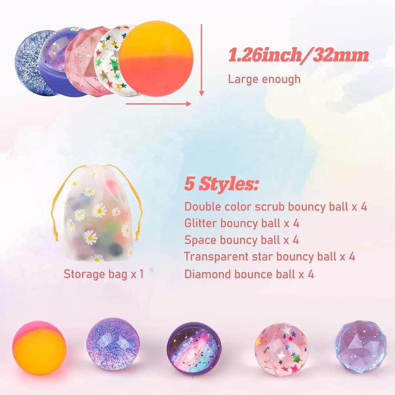 Assorted Bouncy Balls for Kids - 20 Pack with Storage Bag
