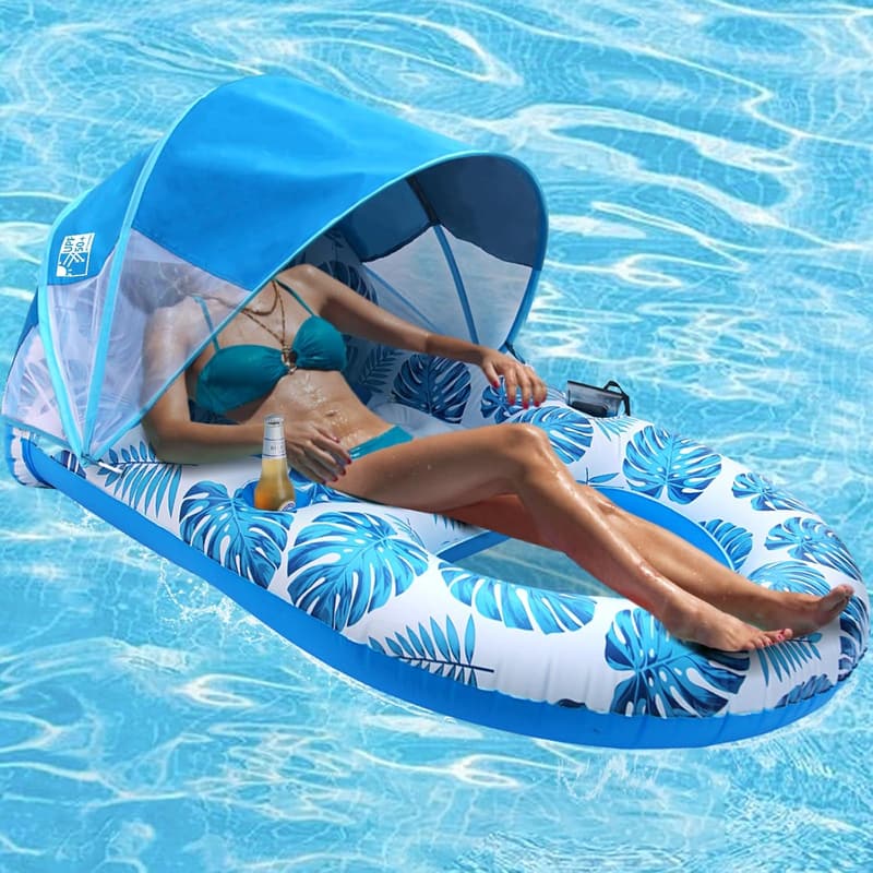 Extra Large Inflatable Pool Lounge Float with Canopy & Cup Holder