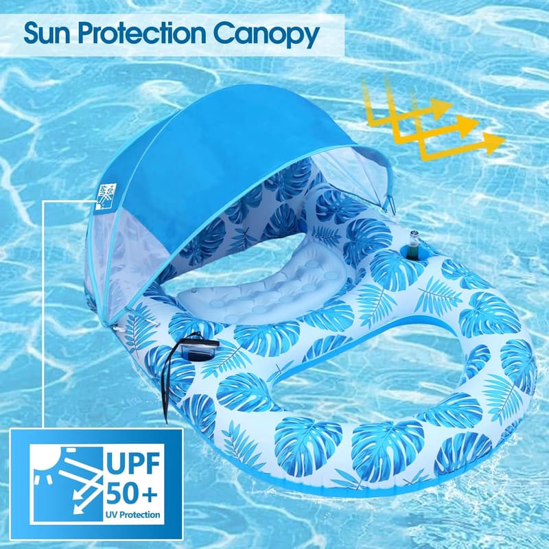 Extra Large Inflatable Pool Lounge Float with Canopy & Cup Holder