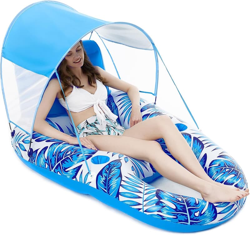 Inflatable Pool Float with Canopy and Cup Holders for Adults