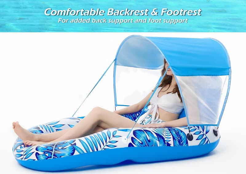 Inflatable Pool Float with Canopy and Cup Holders for Adults