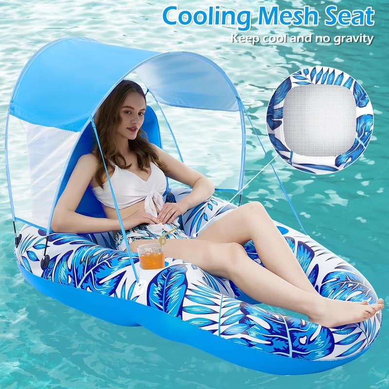 Inflatable Pool Float with Canopy and Cup Holders for Adults