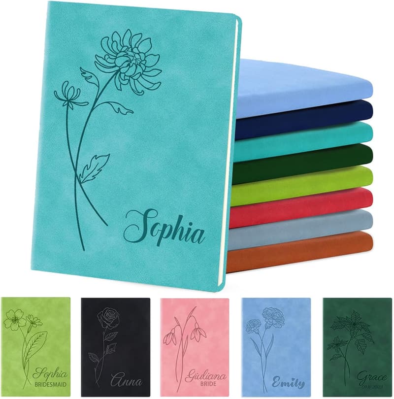 Personalized Leather Journal with Engraved Birth Flower - Custom Gift for All
