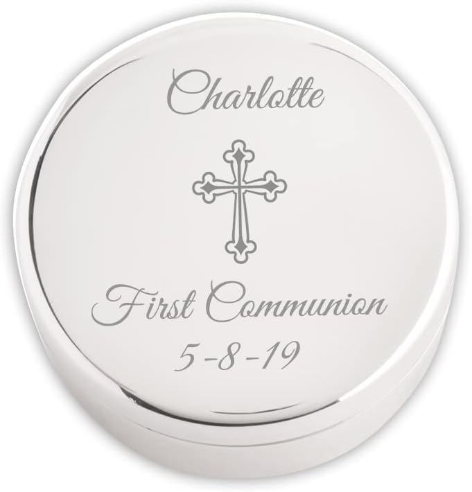 First Communion Silver Engraved Jewelry Keepsake Box for Girls