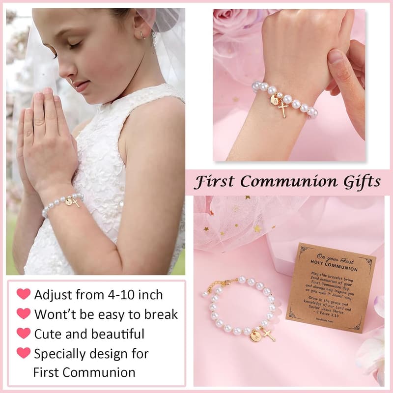 14K Gold Pearl Cross Charm Bracelet - Personalized Communion Gift