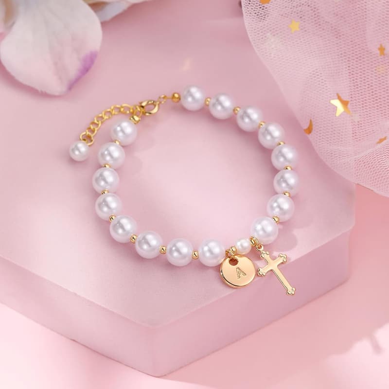 14K Gold Pearl Cross Charm Bracelet - Personalized Communion Gift