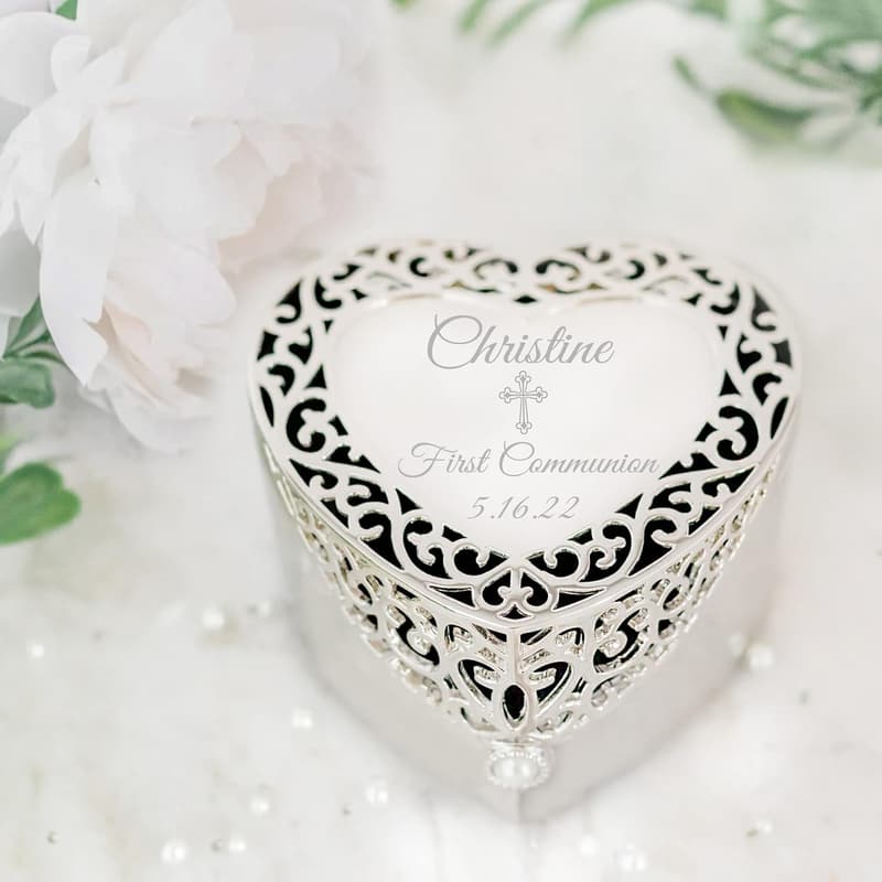 Personalized First Communion Filigree Heart Keepsake Box for Girls