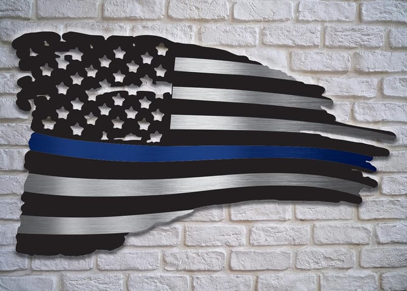 Thin Blue Line Metal Sign - Tattered Flag Wall Art for Officers