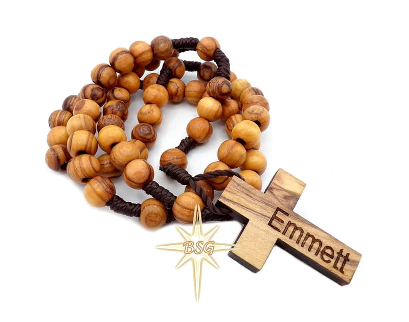 Personalized Olive Wood Rosary with Engraving for Baptism Gifts