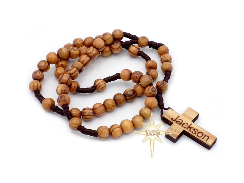 Personalized Olive Wood Rosary with Engraving for Baptism Gifts